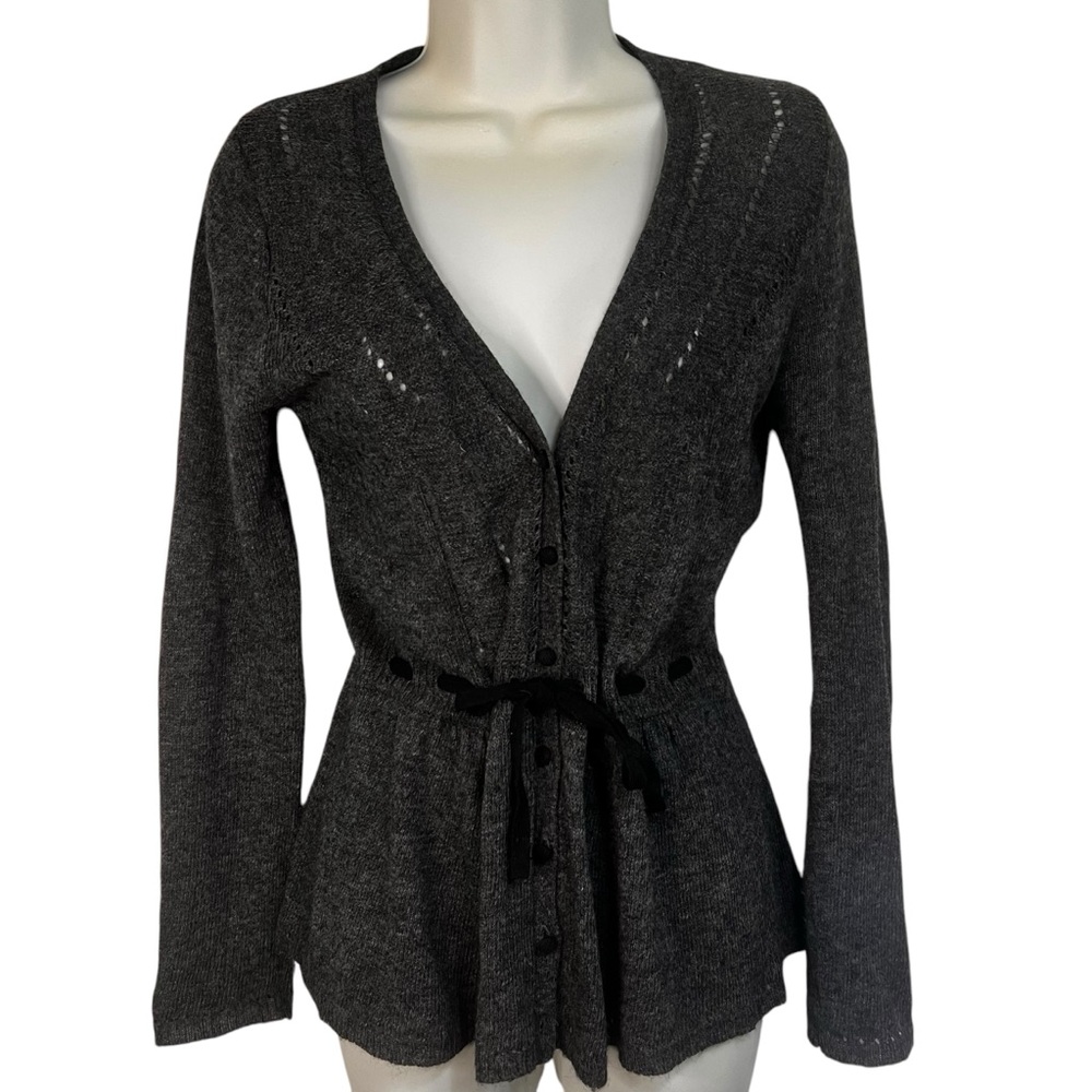 Soft Gray Vneck Size M Cardigan With Buttons and Defined Tie Waist, Likely Wool